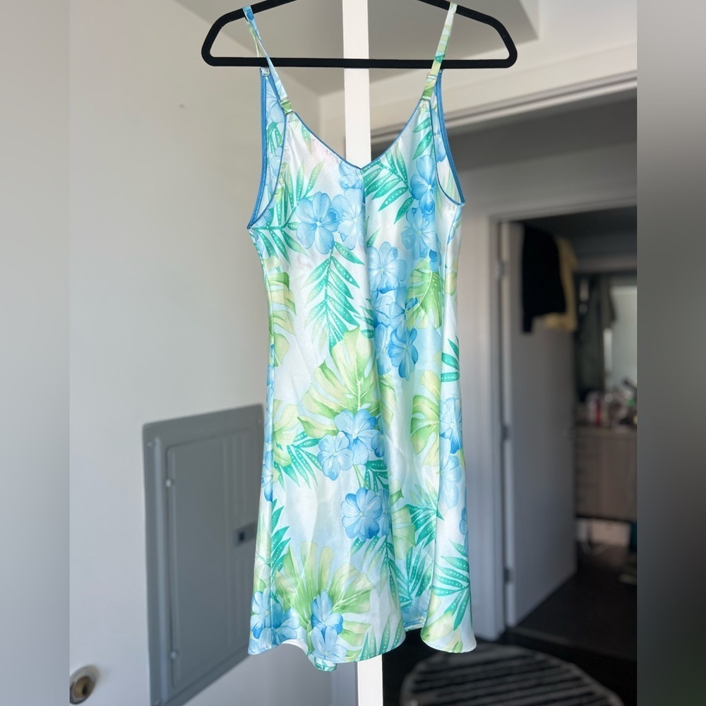 Oscar de la Renta Blue and Green Floral Satin Slip Dress - Picture 5 of 5
